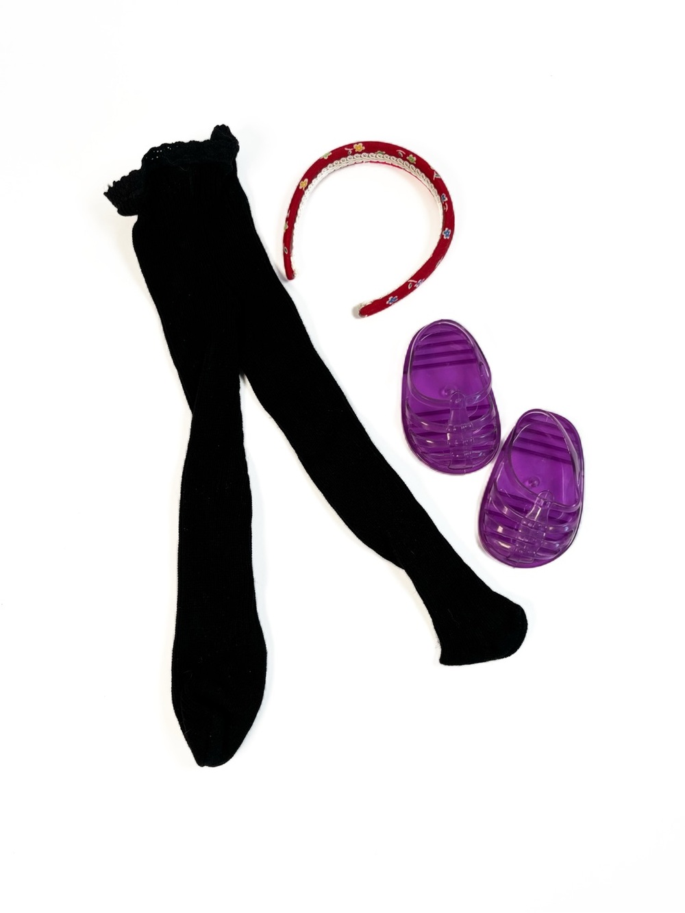 American Girl Pleasant Company Black Tights Purple Jelly Shoes Red Headband